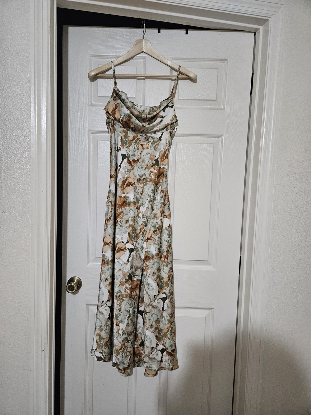 Together Floral Satin Cowl Midi Dress in Sage and Tan